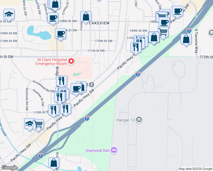 map of restaurants, bars, coffee shops, grocery stores, and more near 11435 Pacific Highway Southwest in Tacoma