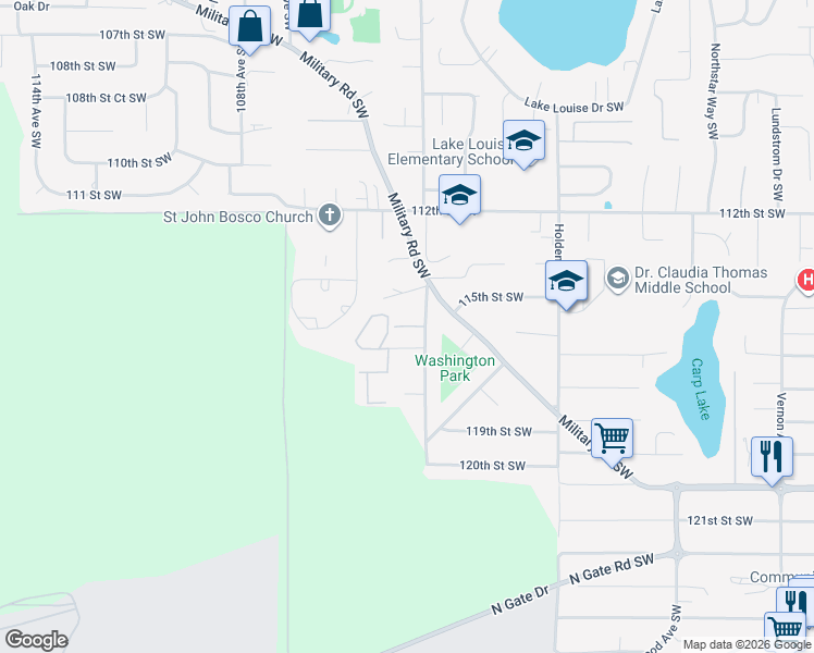 map of restaurants, bars, coffee shops, grocery stores, and more near 11520 104th Avenue Southwest in Lakewood