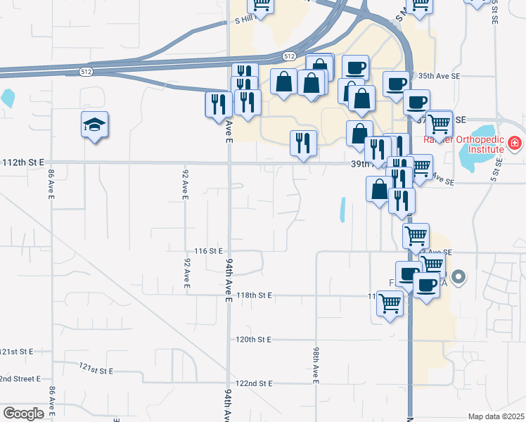 map of restaurants, bars, coffee shops, grocery stores, and more near 4104 7th Street Southwest in Puyallup