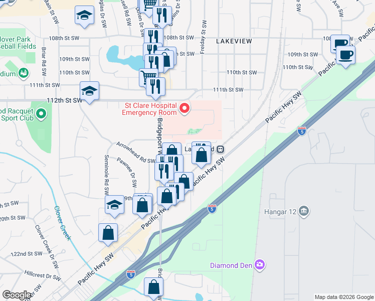map of restaurants, bars, coffee shops, grocery stores, and more near 4822 115th Street Court Southwest in Lakewood