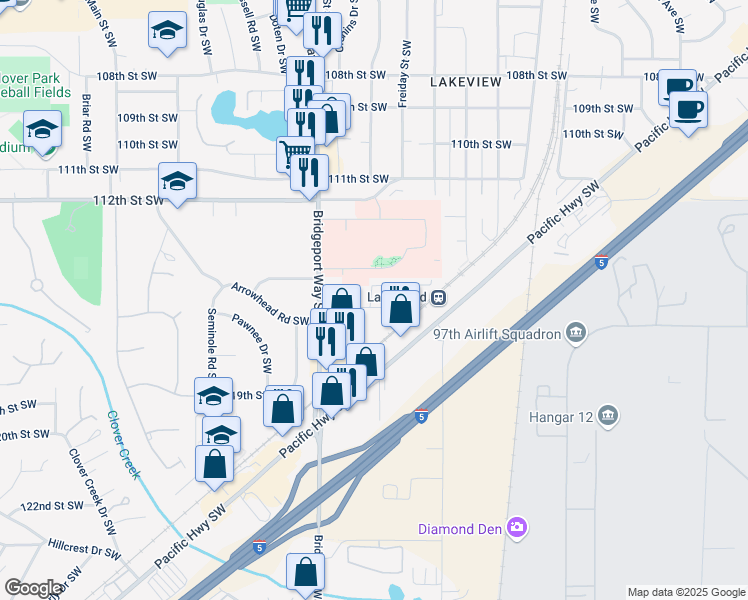 map of restaurants, bars, coffee shops, grocery stores, and more near 4822 115th Street Court Southwest in Lakewood