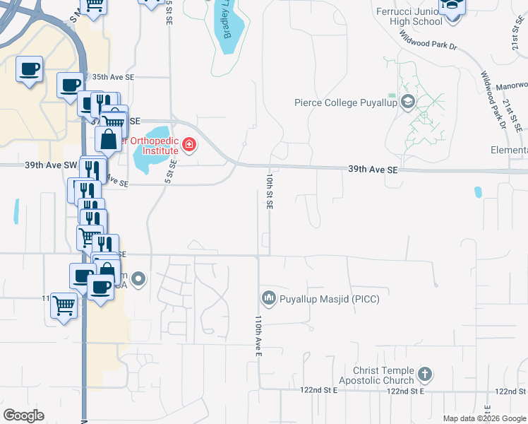 map of restaurants, bars, coffee shops, grocery stores, and more near 3939 10th Street Southeast in Puyallup