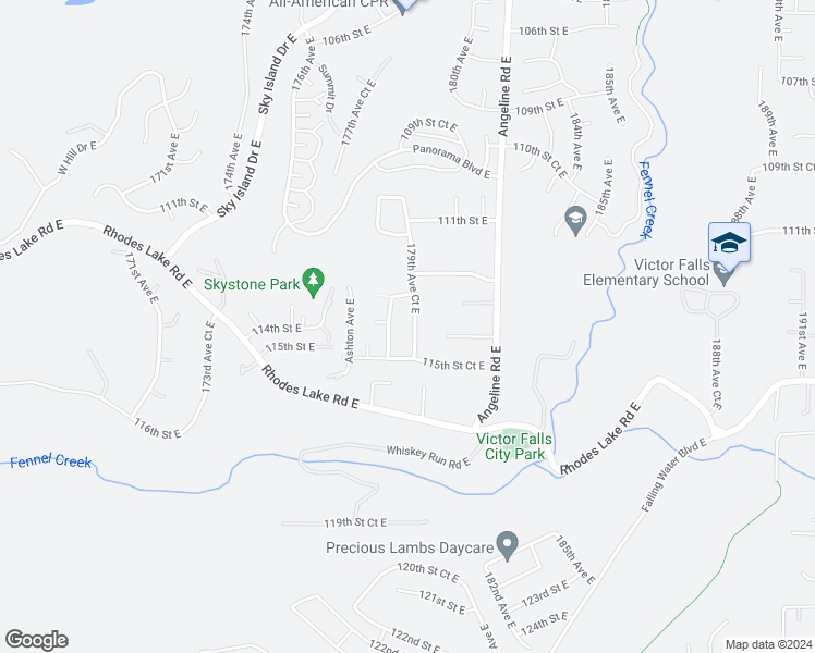 map of restaurants, bars, coffee shops, grocery stores, and more near 11412 179th Avenue Court East in Sumner