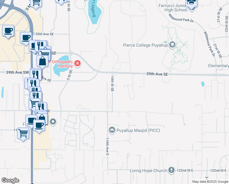 map of restaurants, bars, coffee shops, grocery stores, and more near 3939 10th Street Southeast in Puyallup