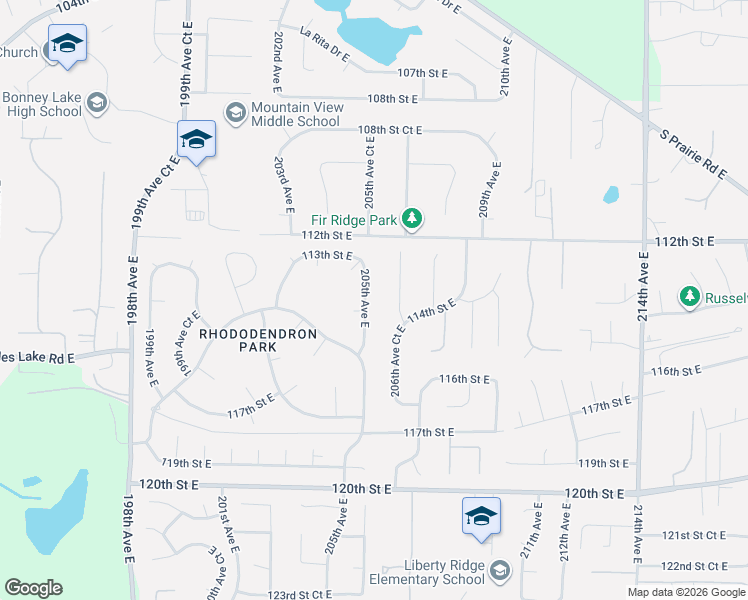 map of restaurants, bars, coffee shops, grocery stores, and more near 11321 205th Avenue East in Bonney Lake