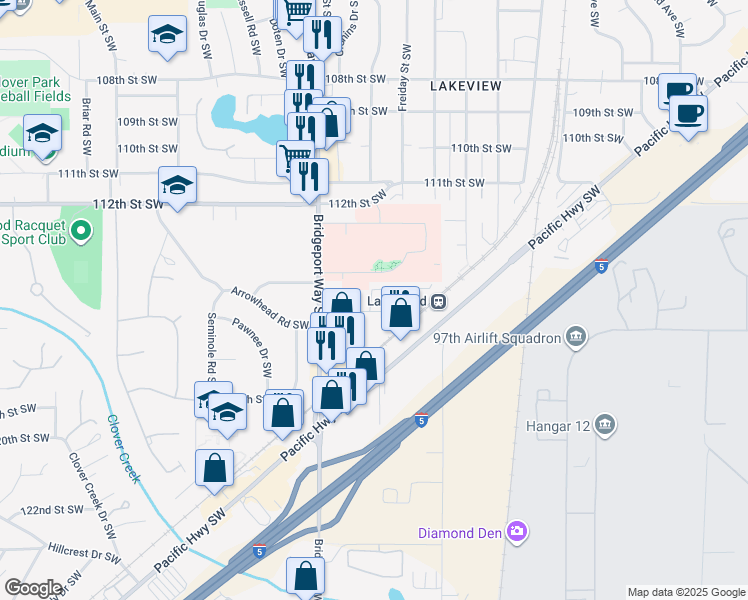 map of restaurants, bars, coffee shops, grocery stores, and more near 4901 115th Street Court Southwest in Lakewood