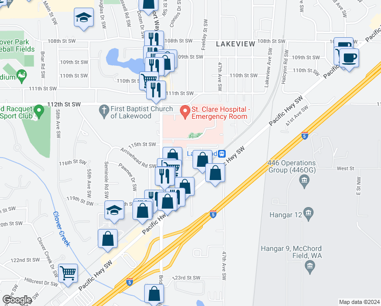 map of restaurants, bars, coffee shops, grocery stores, and more near 4822 115th Street Court Southwest in Lakewood
