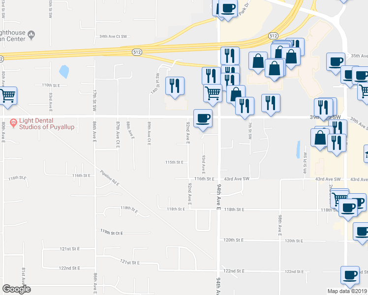 map of restaurants, bars, coffee shops, grocery stores, and more near 9118 114th Street East in Puyallup