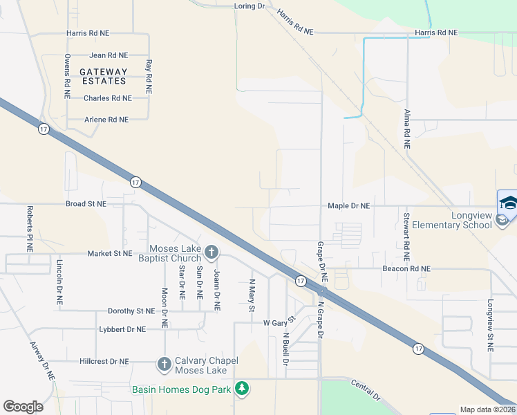 map of restaurants, bars, coffee shops, grocery stores, and more near 1168 West Market Street in Moses Lake