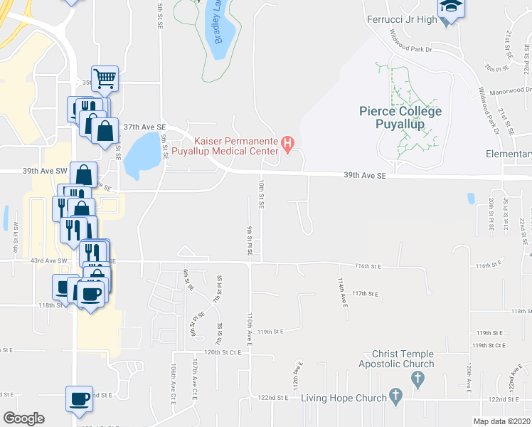 map of restaurants, bars, coffee shops, grocery stores, and more near 3939 10th Street Southeast in Puyallup