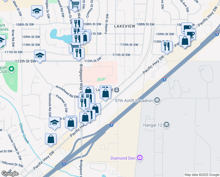 map of restaurants, bars, coffee shops, grocery stores, and more near 4802 115th Street Court Southwest in Tacoma