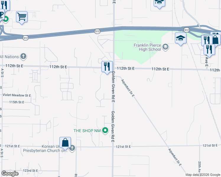 map of restaurants, bars, coffee shops, grocery stores, and more near 1007 115th Street Court East in Tacoma