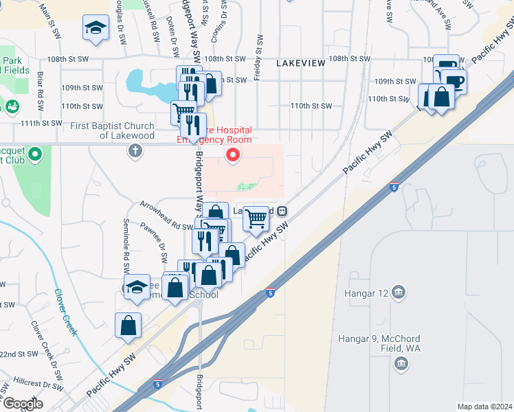map of restaurants, bars, coffee shops, grocery stores, and more near 4802 115th Street Court Southwest in Tacoma
