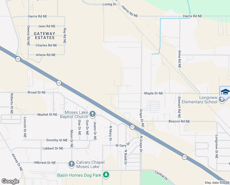 map of restaurants, bars, coffee shops, grocery stores, and more near 1168 West Market Street in Moses Lake