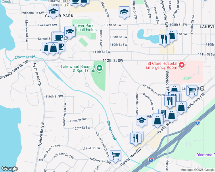 map of restaurants, bars, coffee shops, grocery stores, and more near 11533 Cloverdale Court Southwest in Tacoma