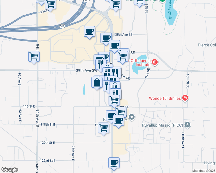 map of restaurants, bars, coffee shops, grocery stores, and more near 4022 Meridian Street South in Puyallup