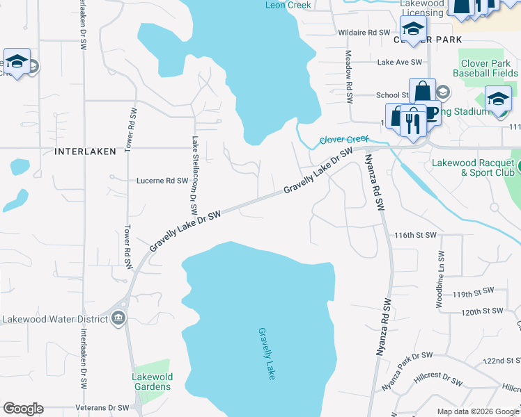 map of restaurants, bars, coffee shops, grocery stores, and more near 11424 Gravelly Lake Drive Southwest in Tacoma