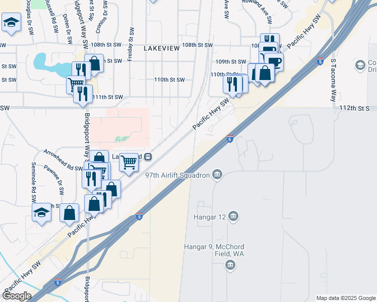 map of restaurants, bars, coffee shops, grocery stores, and more near 11417 Pacific Hwy SW in Tacoma