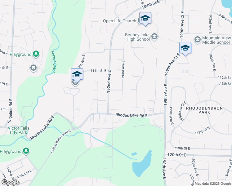 map of restaurants, bars, coffee shops, grocery stores, and more near 19207 113th Street East in Bonney Lake