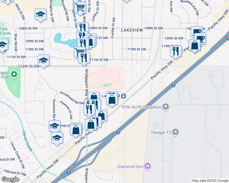 map of restaurants, bars, coffee shops, grocery stores, and more near 11411 Bridgeport Way Southwest in Lakewood