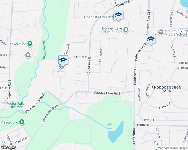 map of restaurants, bars, coffee shops, grocery stores, and more near 19207 113th Street East in Bonney Lake