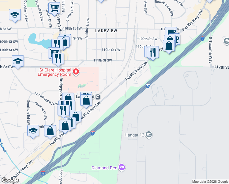 map of restaurants, bars, coffee shops, grocery stores, and more near 11435 Pacific Highway Southwest in Tacoma