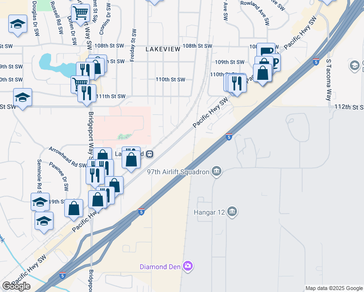 map of restaurants, bars, coffee shops, grocery stores, and more near 11417 Pacific Highway Southwest in Tacoma