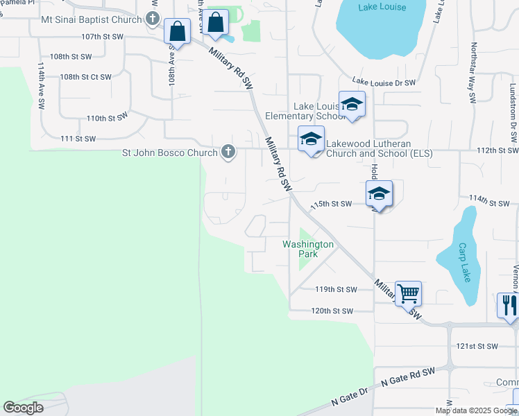map of restaurants, bars, coffee shops, grocery stores, and more near 11410 Farwest Drive Southwest in Lakewood