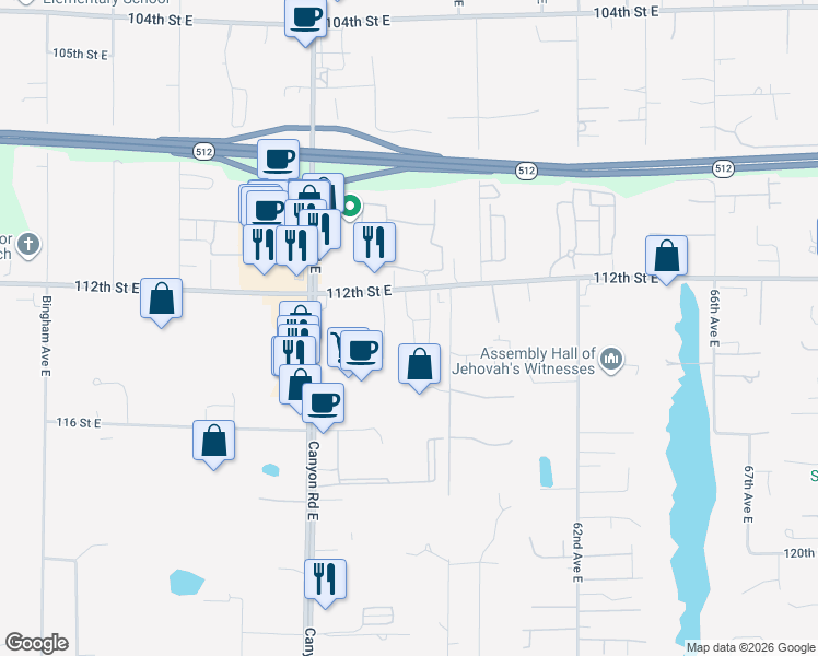 map of restaurants, bars, coffee shops, grocery stores, and more near 5608 112th Street East in Puyallup