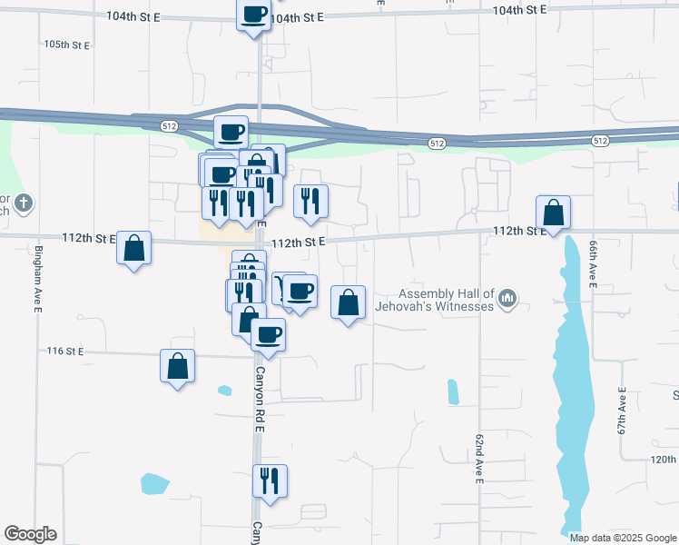 map of restaurants, bars, coffee shops, grocery stores, and more near 5608 112th Street East in Puyallup