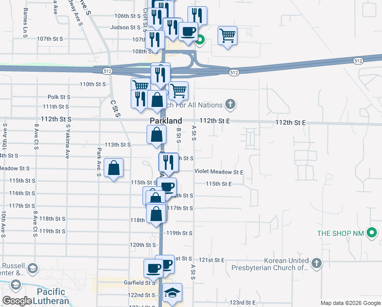 map of restaurants, bars, coffee shops, grocery stores, and more near 11235 A Street South in Tacoma