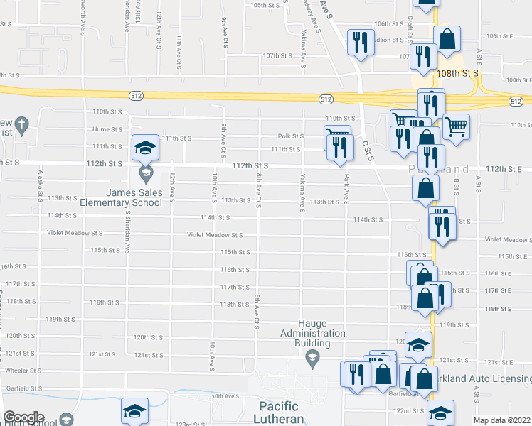 map of restaurants, bars, coffee shops, grocery stores, and more near 817 114th Street South in Tacoma