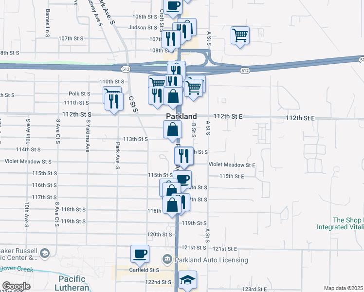 map of restaurants, bars, coffee shops, grocery stores, and more near 5 Pacific Avenue South in Parkland