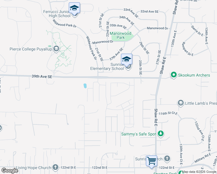 map of restaurants, bars, coffee shops, grocery stores, and more near 2303 40th Avenue Southeast in Puyallup