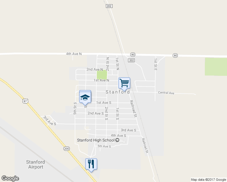 map of restaurants, bars, coffee shops, grocery stores, and more near 60 1st Street North in Stanford