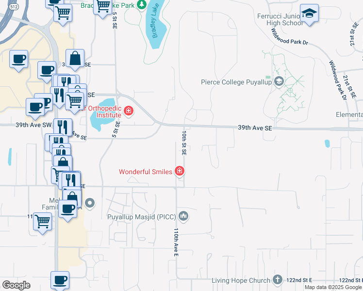 map of restaurants, bars, coffee shops, grocery stores, and more near 3903 10th Street Southeast in Puyallup