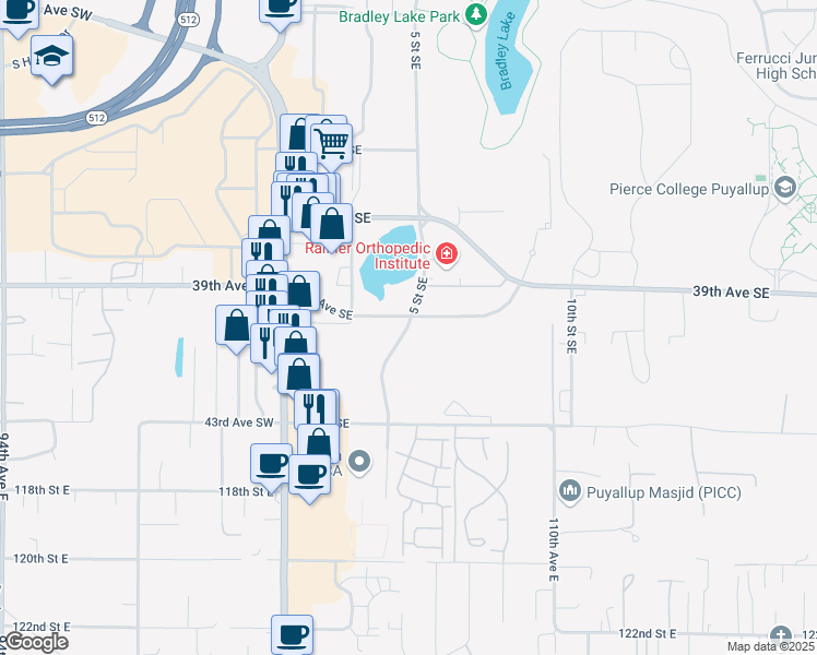 map of restaurants, bars, coffee shops, grocery stores, and more near 5th Ave SE in Puyallup