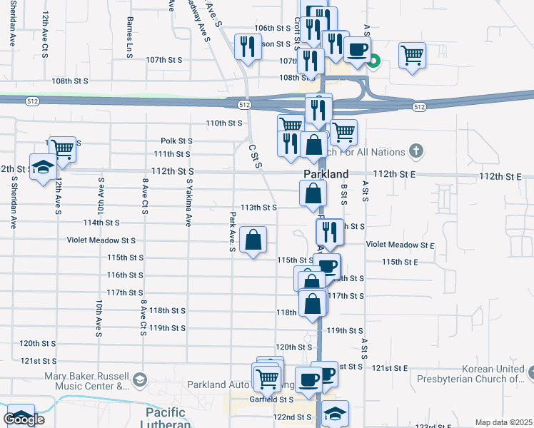 map of restaurants, bars, coffee shops, grocery stores, and more near 410 113th Street South in Tacoma