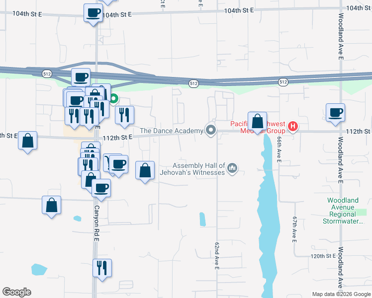 map of restaurants, bars, coffee shops, grocery stores, and more near 5920 112th Street East in Puyallup