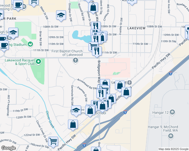 map of restaurants, bars, coffee shops, grocery stores, and more near 5117 115th Street Southwest in Tacoma