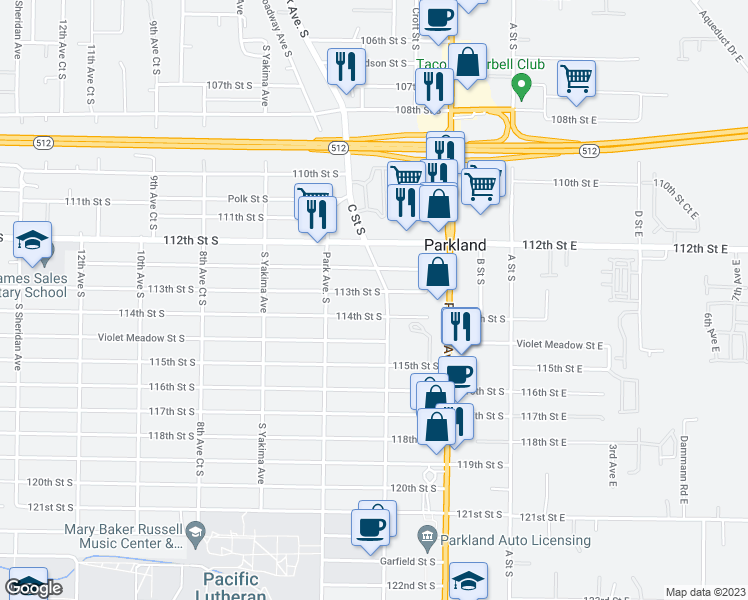 map of restaurants, bars, coffee shops, grocery stores, and more near 410 113th Street South in Tacoma