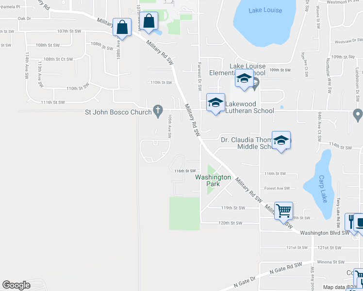 map of restaurants, bars, coffee shops, grocery stores, and more near 11410 Farwest Drive Southwest in Lakewood