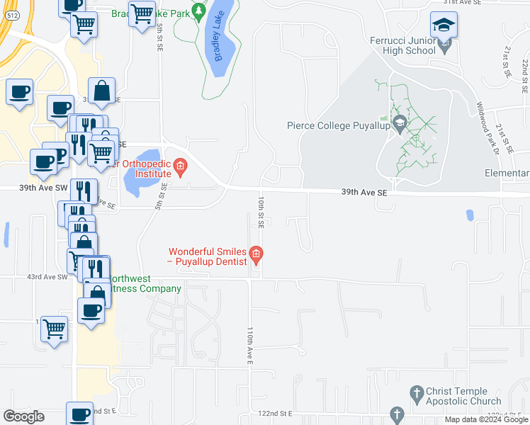 map of restaurants, bars, coffee shops, grocery stores, and more near 3903 10th Street Southeast in Puyallup