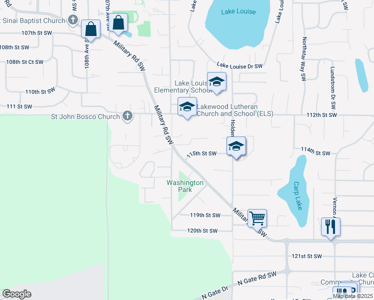 map of restaurants, bars, coffee shops, grocery stores, and more near 10121 115th Street Southwest in Lakewood