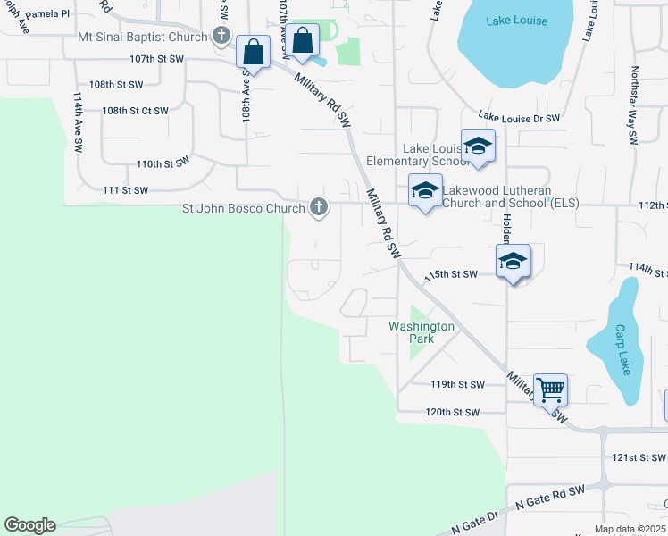 map of restaurants, bars, coffee shops, grocery stores, and more near 11432 105th Avenue Southwest in Lakewood