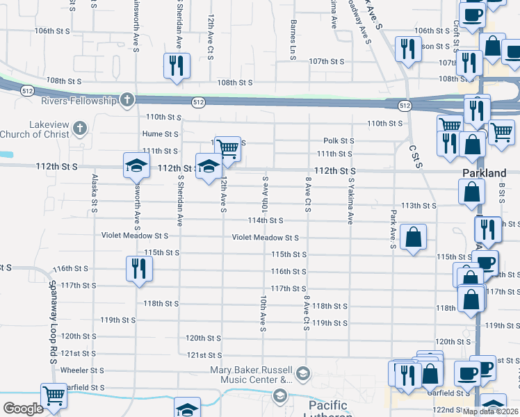map of restaurants, bars, coffee shops, grocery stores, and more near 1008 113th Street South in Tacoma