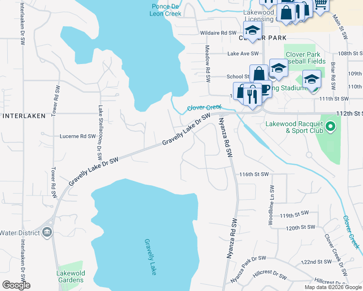 map of restaurants, bars, coffee shops, grocery stores, and more near 11420 Madera Gardens Drive Southwest in Tacoma