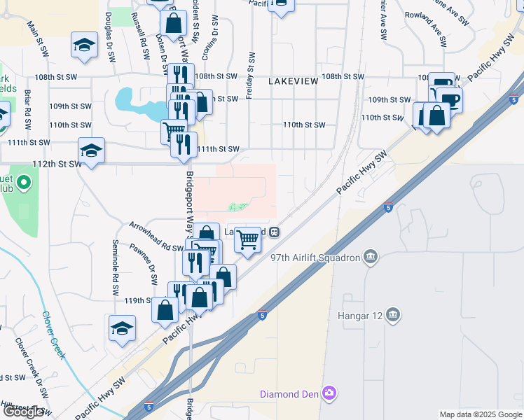 map of restaurants, bars, coffee shops, grocery stores, and more near 11411 Bridgeport Way Southwest in Lakewood