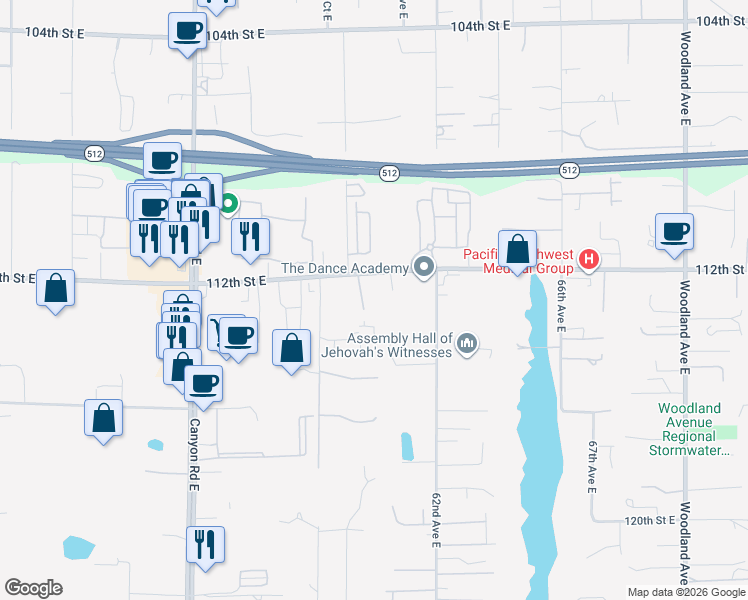 map of restaurants, bars, coffee shops, grocery stores, and more near 5920 112th Street East in Puyallup
