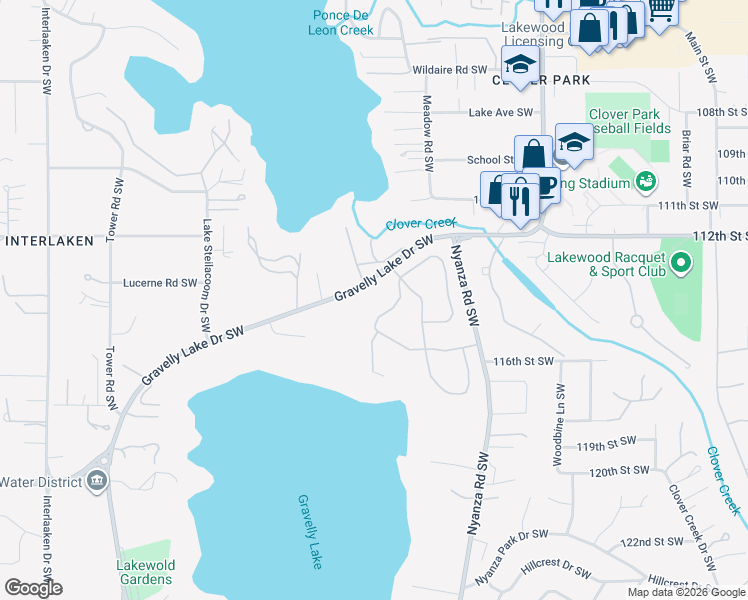 map of restaurants, bars, coffee shops, grocery stores, and more near 11420 Madera Gardens Drive Southwest in Tacoma